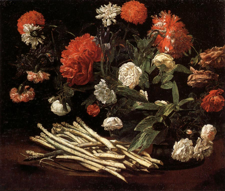 Still Life with Roses,Asparagus,Peonies,and Car-nations